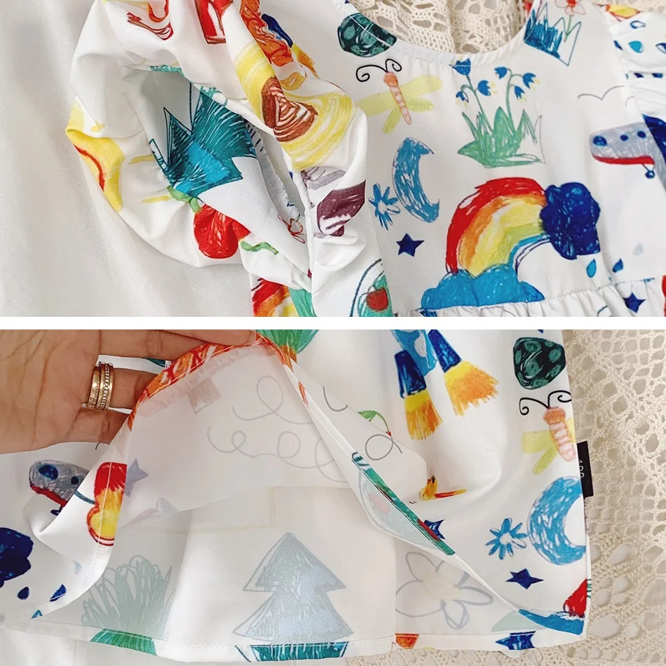 

Little Girls Casual Dress Kids Summer Swing Flared Character Dress Children Birthday Party Backless Outfit Girls Doodle Clothes