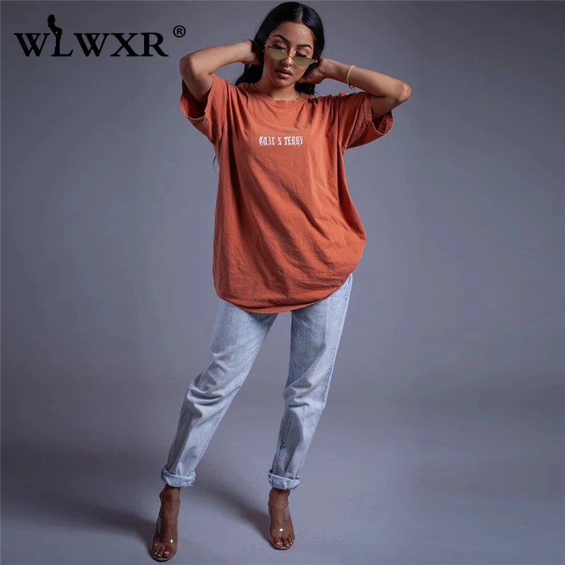 WLWXR Повседневная футболка с буквенным принтом, женская футболка большого размера, топ с коротким рукавом, Длинная летняя футболка, женская футболка, сексуальная женская Свободная футболка