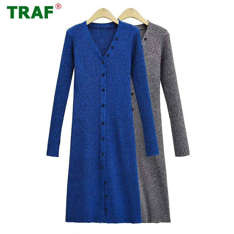 

TRAF Blue Sweater Woman Za Grey Knitted Dress Women Autumn Winter Going Out Female Dress Long Sleeve Vintage Midi Dresses Women