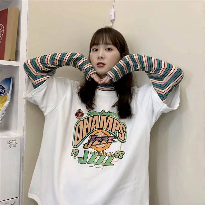

2021 Spring Autumn New Graphic Tees Casual Top Loose Long Sleeve Korean Punk Sweatshirts Shirts for Women Oversized Tops Striped