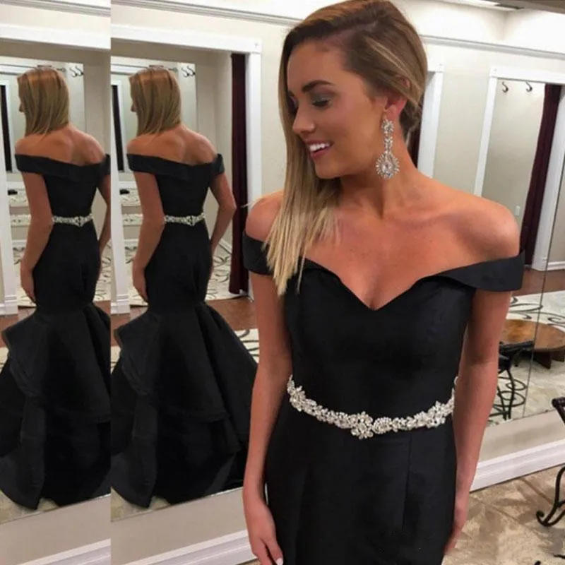 

New Black Mermaid Prom Dresses Beaded Waist Satin Organza Sweep Train Sexy Off the Shouder Evening Party Dress