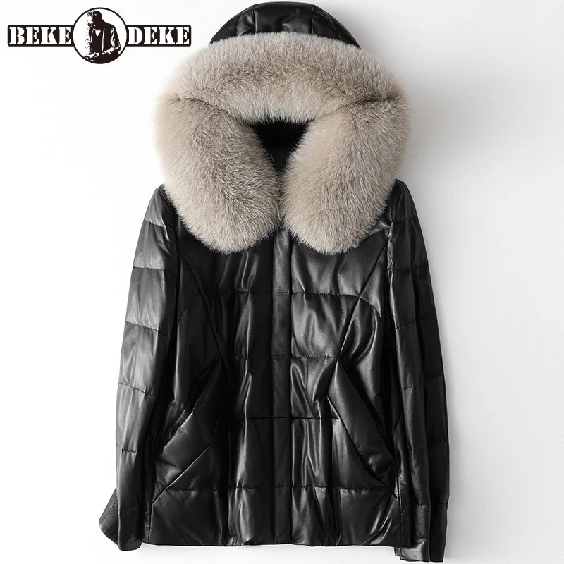 

Winter Ladies Fox Fur Collar Hoody Down Jacket Thick Warm Overcoat Women Real Sheepskin Genuine Leather Jacket Outerwear Coats