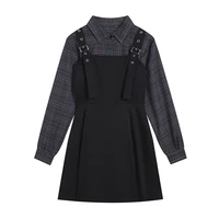 women black mini suspender dress long sleeve super short plaid shirts autumn streetwear gothic punk girl two piece sets