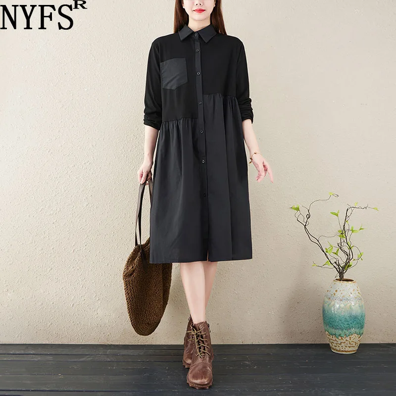 

Женское платье с длинным рукавом NYFS, хлопковое черное платье в Корейском стиле, для весны, 2022