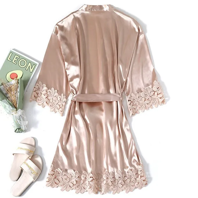 Champagne Bride Bridesmaid Wedding Robe Lace Sleepwear Home Wear Sexy Satin Bathrobe Gown Female Nightdress Intimate Lingerie