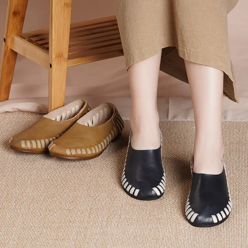 

2021 New Genuine Leather Women Shoes Spring/Summer Flats Woven Loafers Soft-soled Driving Shoes Handmade Leisure Ladies Shoes