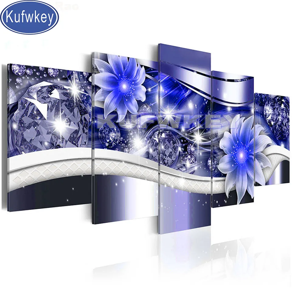 

5d Magnolias Blue Flowers Diamond Painting 5 Piece Set Diy Handmade Cross Stitch 3d Puzzle Mosaic Full Square Round Embroidery ,