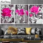 Алмазная вышивка, 3 штуки, роза, красный, зеленый, фиолетовый, бирюзовый цветок, алмазная живопись, черные и розовые цветы, T122