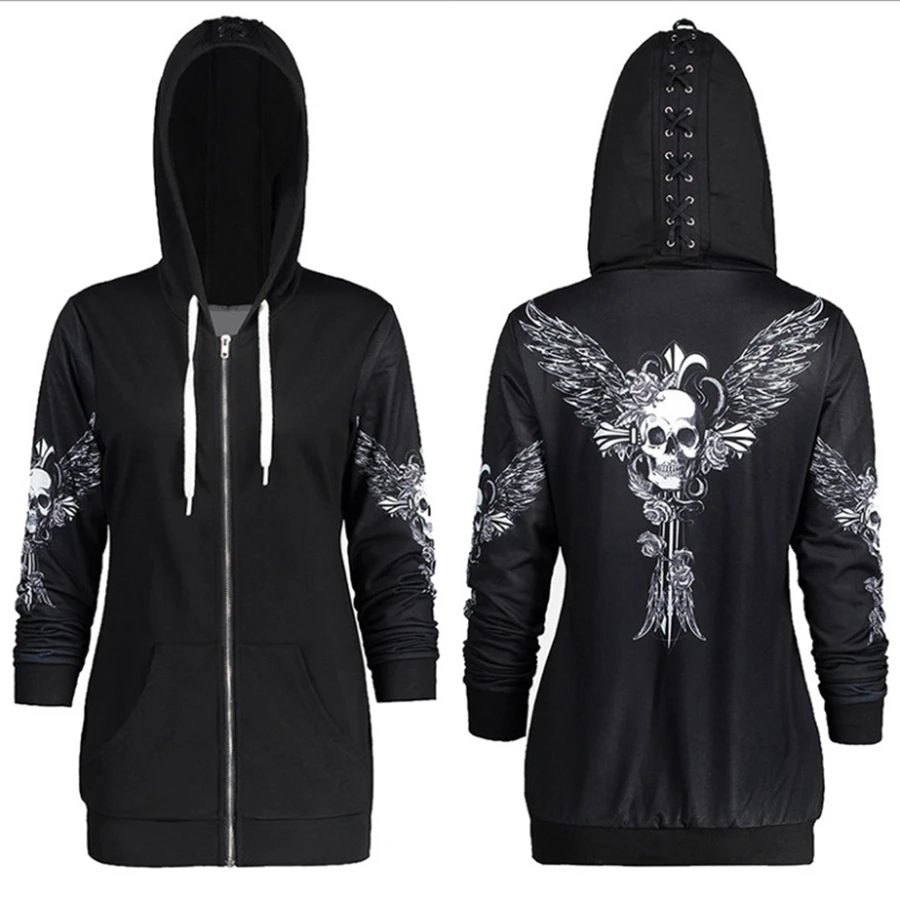 2021 Retro Punk Skull Wings Printed Black Women's Hoodie Long Sleeve Casual All-match Streetwear Slim new Sweatshirt
