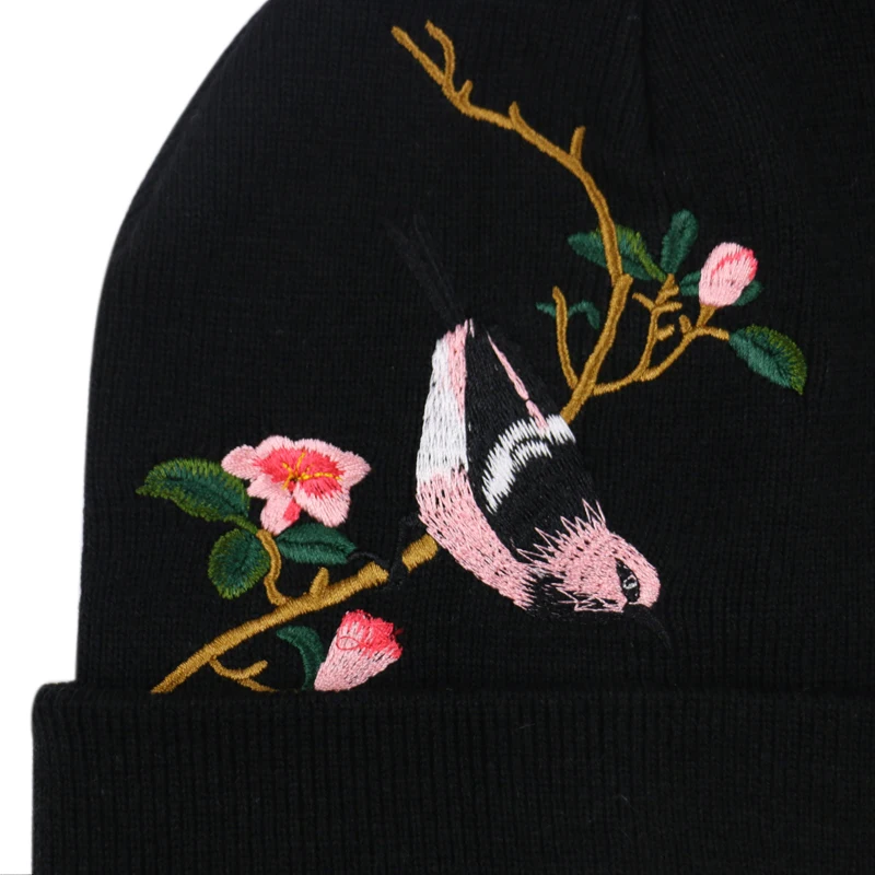 Женская вязаная Лыжная Шапка FOXMOTHER черная шапка с вышитыми ветками дерева и