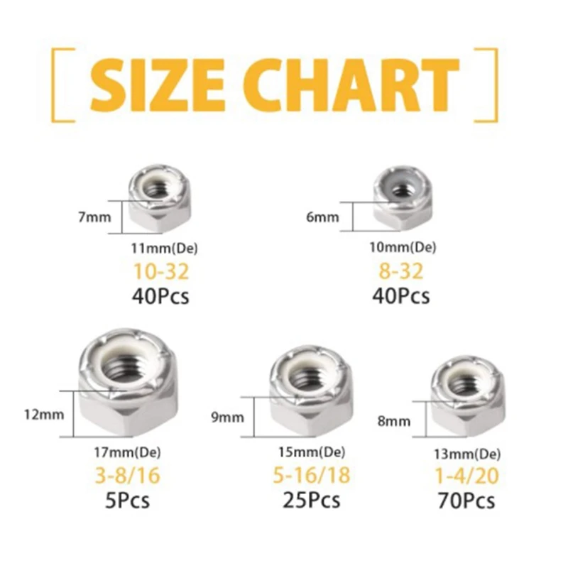 180PCS 1/4-20 5/16-18 3/8-16 8-32 10-32 Lock Nuts Nylon Insert Nut Assortment Kit 304 Stainless Steel Hex Locknuts | Обустройство