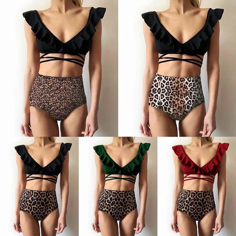 

New leopard print high waist bikini sexy solid color lace up swimsuit
