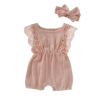 summer baby girl rompers newborn baby clothes toddler flare sleeve solid lace design romper jumpsuit with headband one pieces