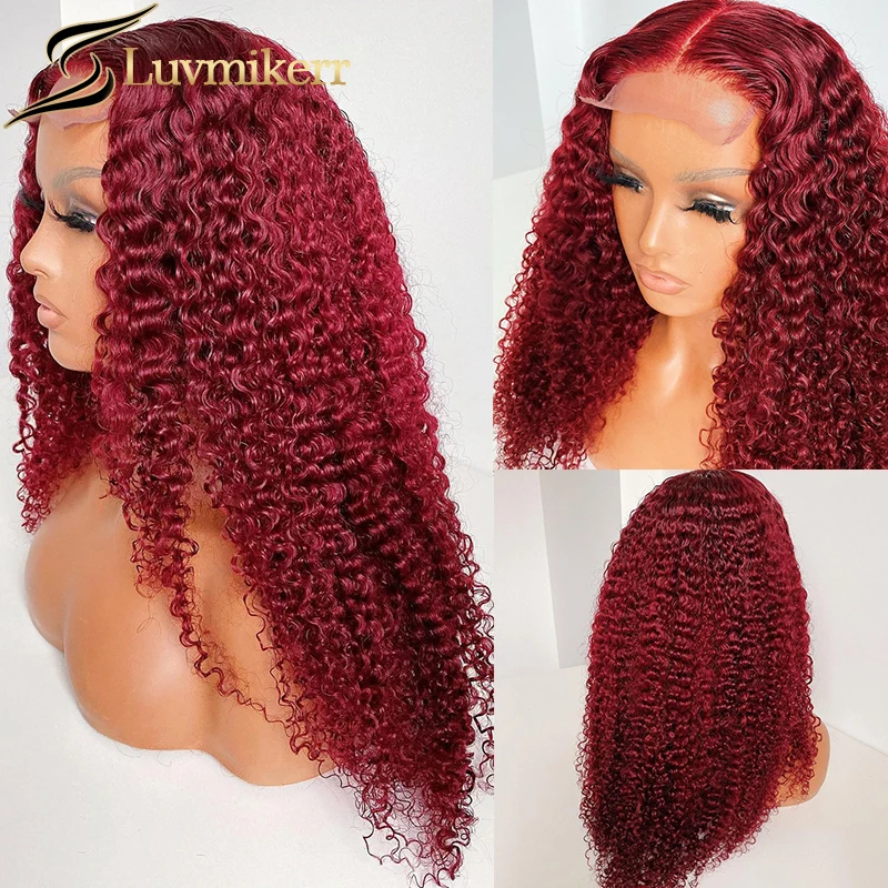 

99J Burgundy HD Transparent 13x6 Lace Frontal Human Hair Wig Kinky Curly Lace Front Wig Deep Wave Pre Plucked Bleached Knots 250