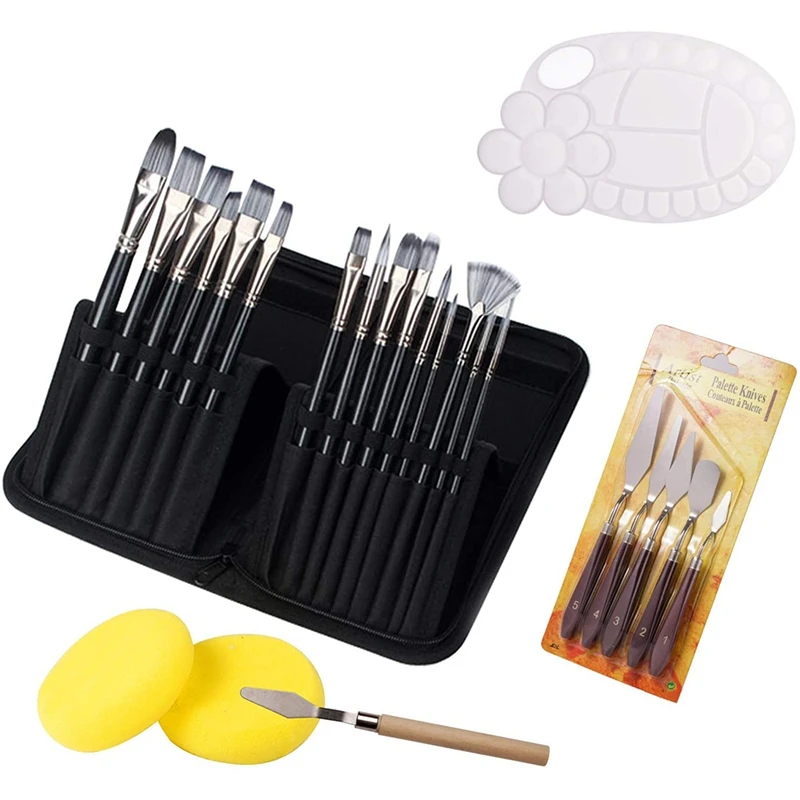 

24Pcs Paint Brushes Set,Palette Knife and Sponge 15 Sizes Brushes ,Suitable for Artists Adult Amateurs