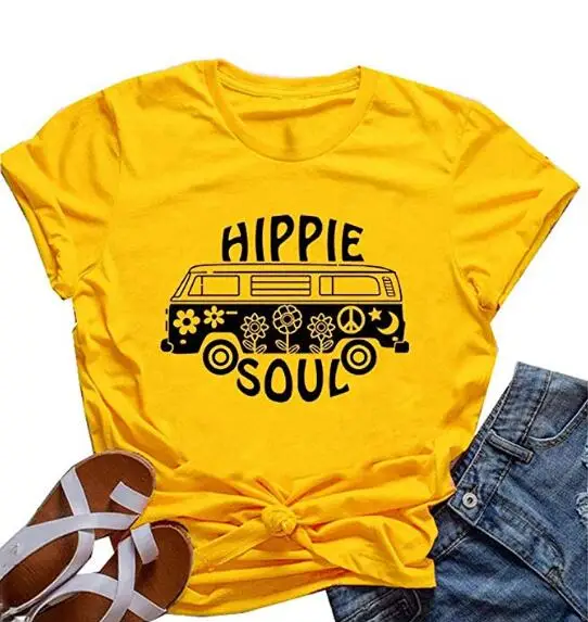 Хиппи Soul Футболка гранж tumblr camisetas уличный стиль эстетический Графический Забавный хлопок автомобиль для женщин Искусство Винтаж Футболка 90s Топ - Цвет: Yellow-black text