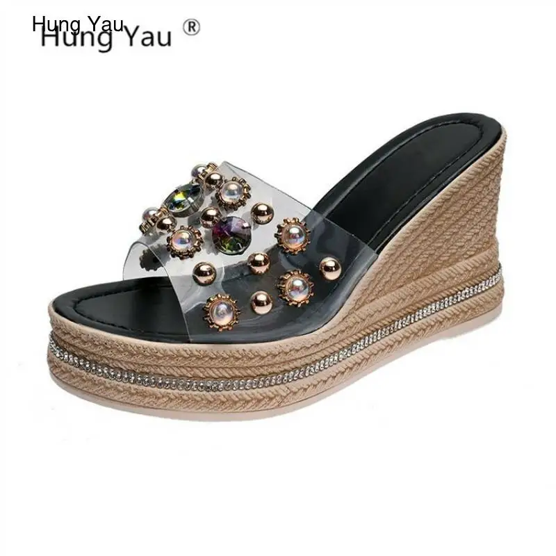 

Wedge Sandals Shoes For Women Peep Toe Transparent Pearl Female Platform Summer Cool Sandals Jelly Rhinestone Rivets Shoes Flats