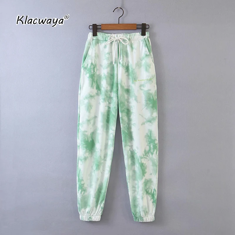 

Women 2020 vintage ink dyed Pink painting jogging pants chic female elastic waist casual blue pantalones mujer bow trousers