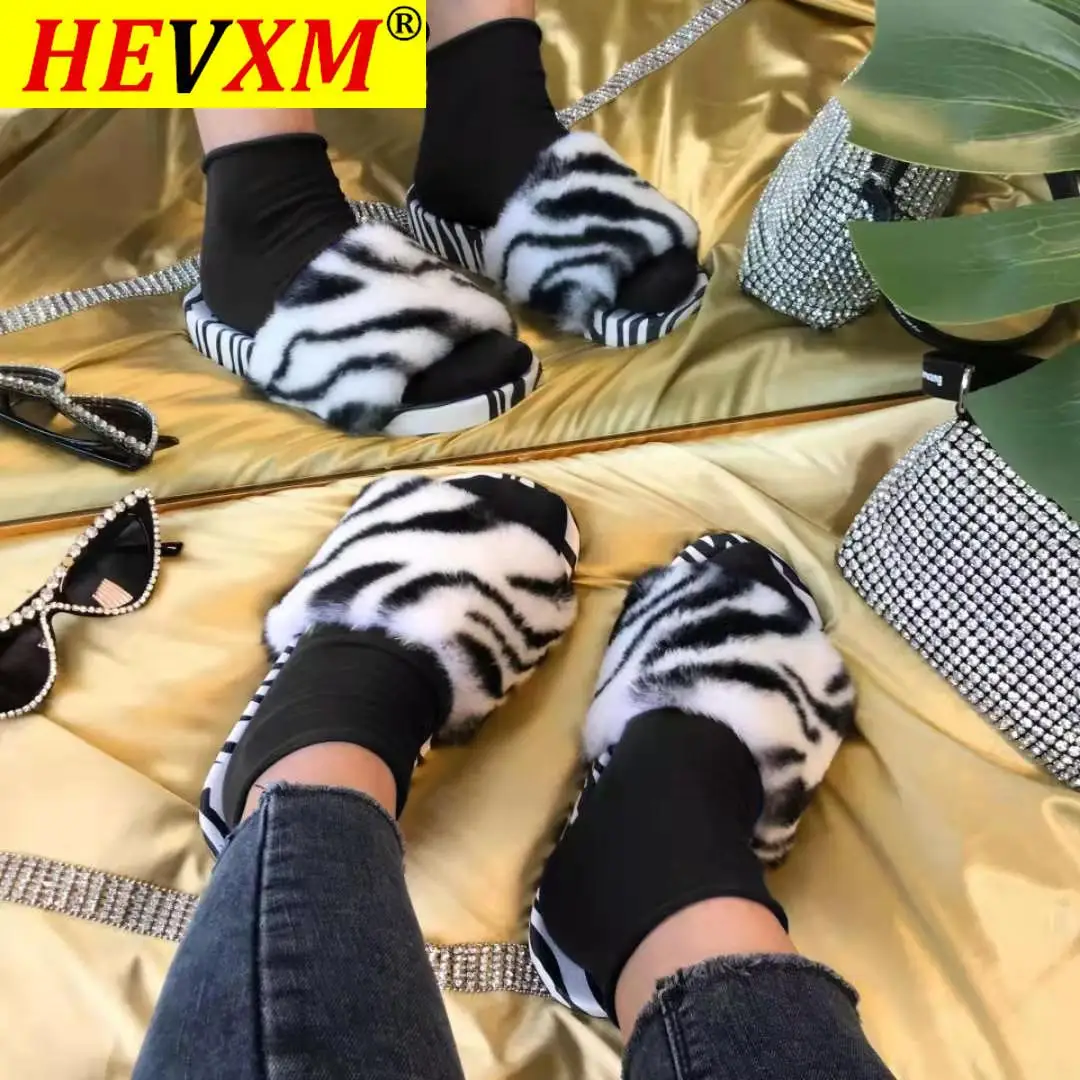 

Fashion Leopard Women's Slippers Faux Fur Ladies Flats Shoes Woman Furry Warm Plush Casual Footwear Peep Toe Home Slippers