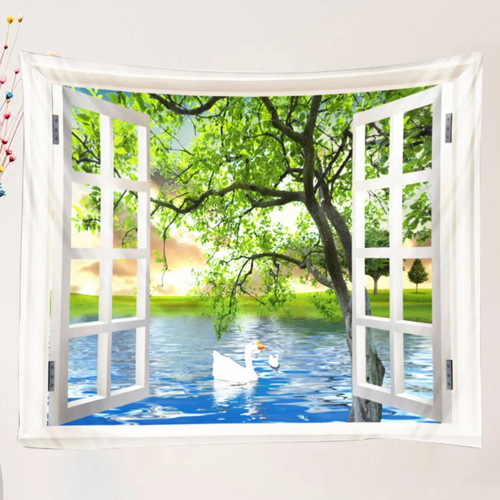 

1Pc 150x130cm 3D Outside Window Lakes Tapestry Lifelike Scenery Backdrop Decorative Hanging Blanket for Home Hotel