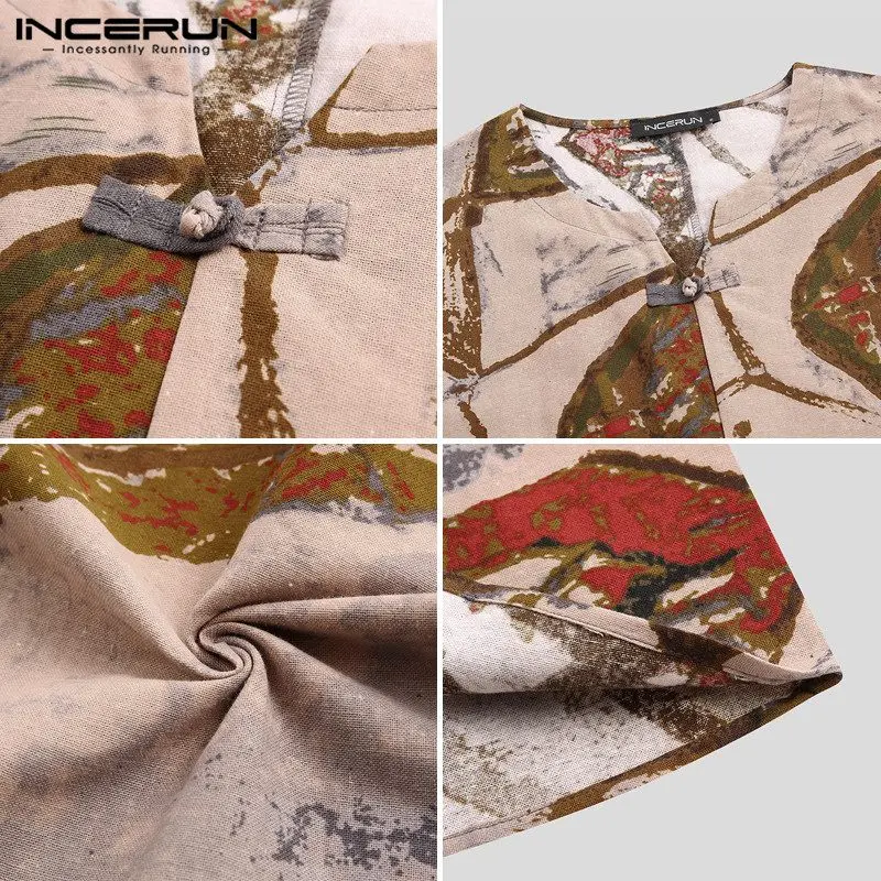 

INCERUN 2021 Vintage Printed Men Shirts Half Sleeve V Neck Casual Blouse Man Chinese Style Floral Camisa Retro Cotton Blusas 5XL