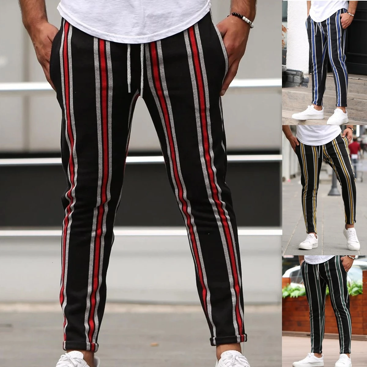 

Moomphya Knitted Multicolor Stripes Pants Men Streetwear Hip Hop Men Long Sweatpants Training Sportswear Trousers Men Casual