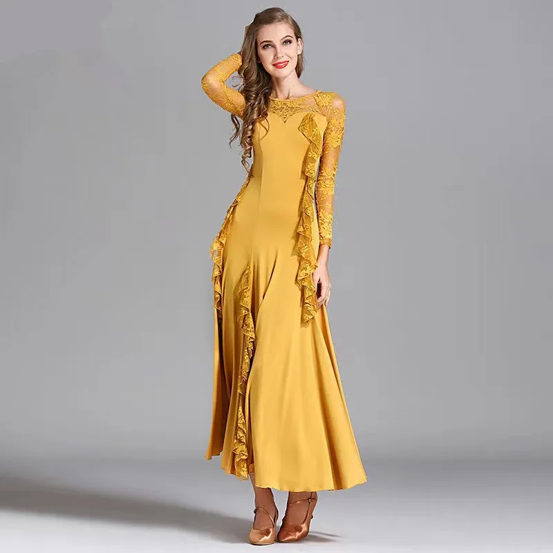 Женское платье для бальных танцев бархатное с длинным рукавом и круглым вырезом