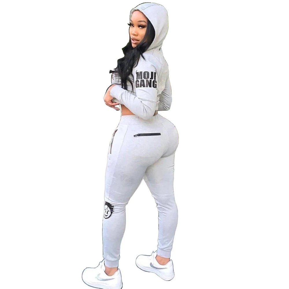 

Pattern Letter Print Hooded Long Sleeve Crop Hoodie and Workout High Waist Skinny Legging Women Two Piece Sets Casual Tracksuits