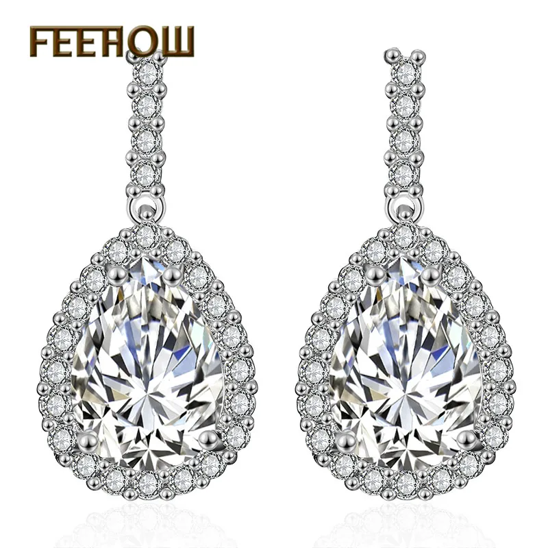 FEEHOW Luxury AAA+ Cubic Zirconia Classic Big Water Drop Crystal Earrings With Tiny CZ Bridal Wedding Jewelry for Women FWEP2104 | Украшения
