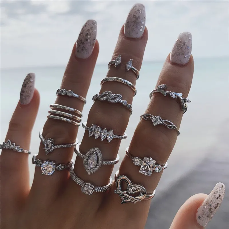

15PCS/Set Women Crystal Heart Rings Set Female Elegant Silver Color Finger Rings 2021 New Fashion Statement Ladies Jewelry Gifts