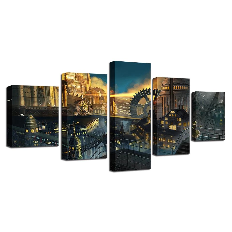 

Frames Painting Modular Artwork 5 Pieces HD Printed Building And Gear Wheel Landscape Canvas Pictures Wall Art Decor Living Room