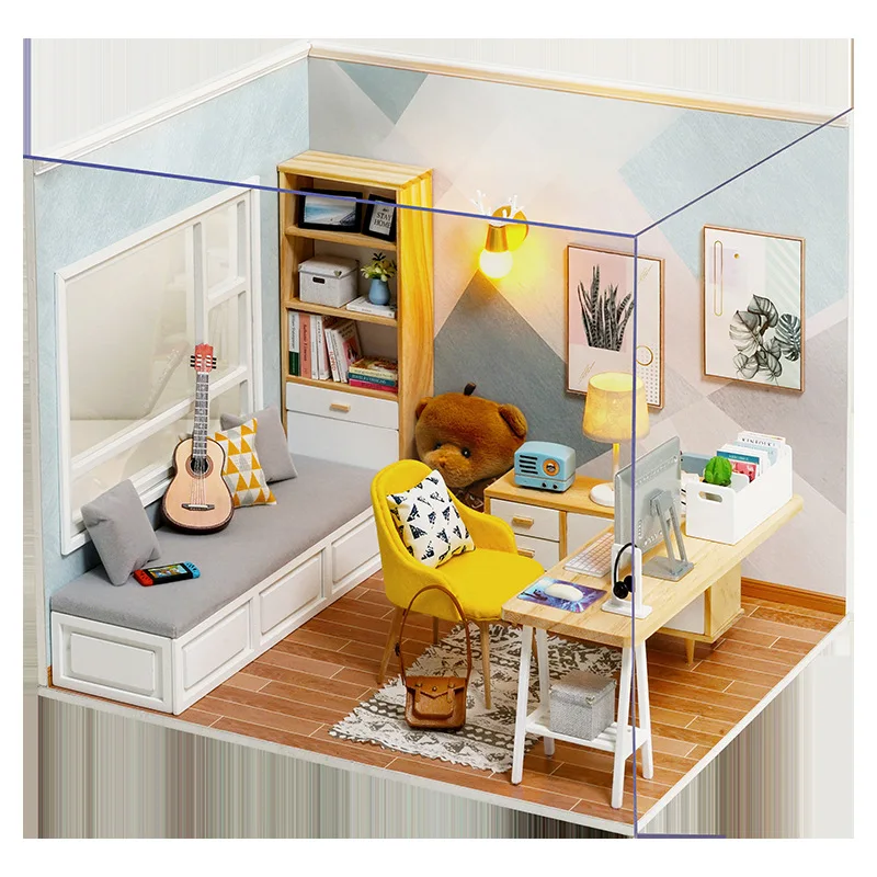

Guitar Brown Bear Sunshine Study diy dollhouse kit Wooden Furniture Miniature Dollhouse Children Birthday Gift Adult Puzzle Toy