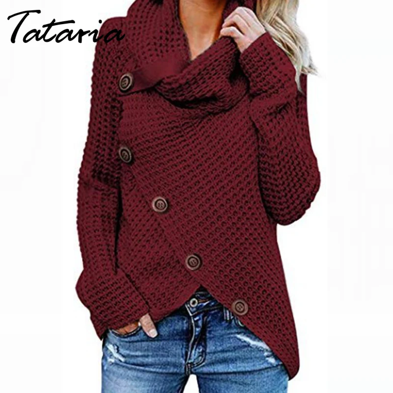 Tataria Womens Button Turtleneck Knitted Sweater Female Asymmetric Hem Wrap Pullover Tops Women Jumpers | Женская одежда