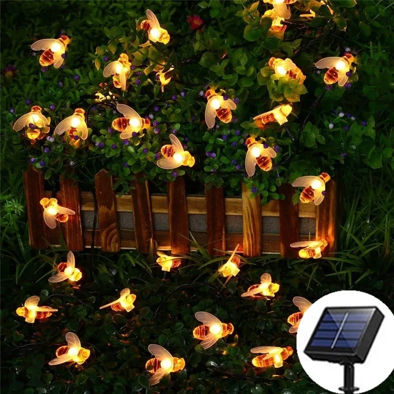 

50LED Solar Powered Cute Honey Bee Led String Fairy Light Bee Outdoor Garden Fence Patio Christmas Garland Lights