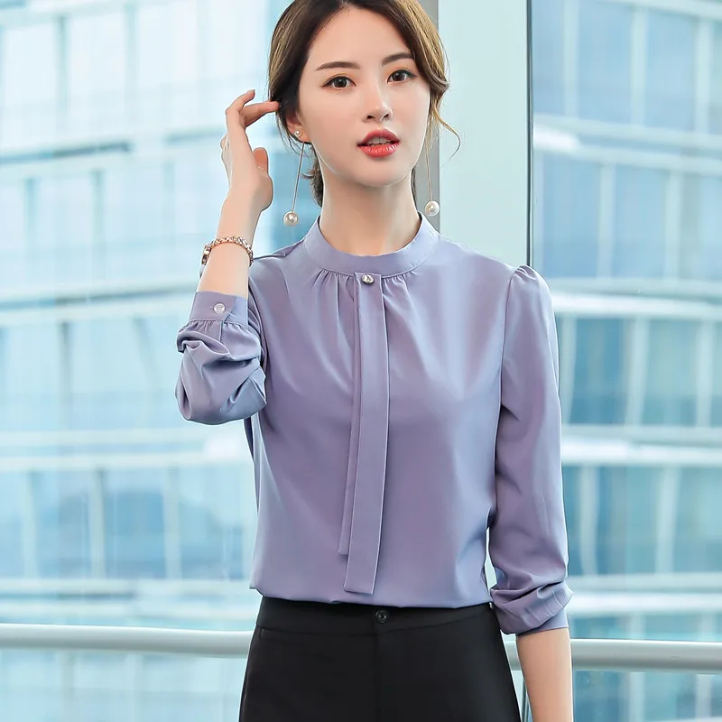 Женская шифоновая рубашка элегантная приталенная Деловая блузка с бантом и