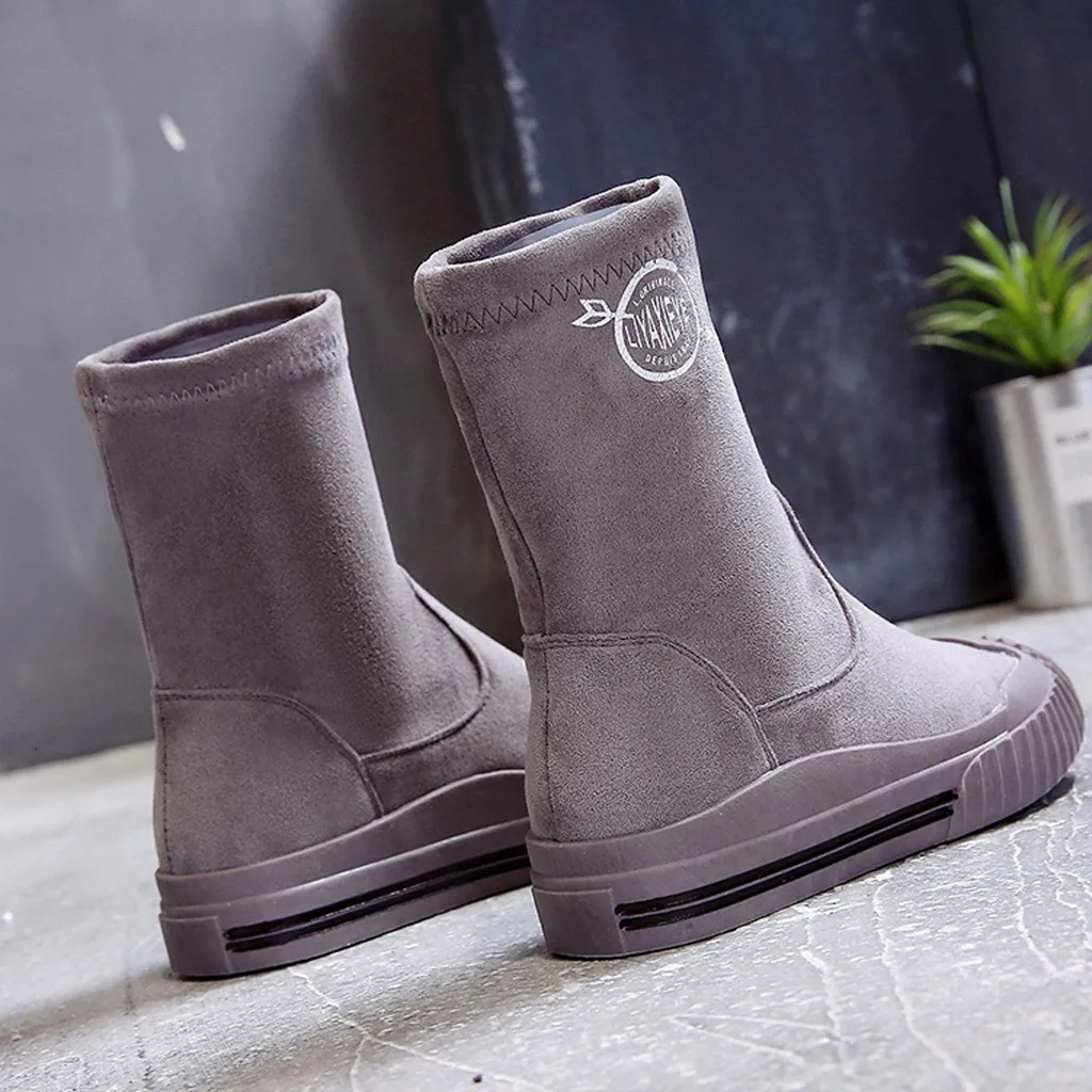 2019 Hot Sale Winter Mid Boots Women's Leisure Solid Round Toe Slip-On Flat Shoes Female Ladies Letter Prints Flock | Обувь