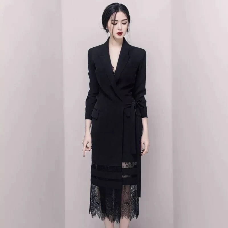 

Suit Jacket Office Lady Adjustable Belted Wrap Dress Autumn fashion Women Long Sleeve Notched Lace Stitching Blazer vestido