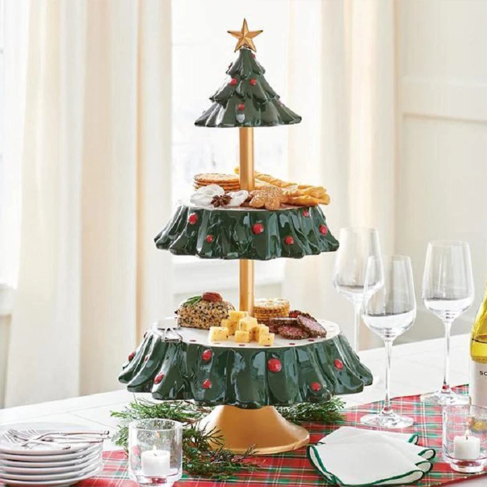 

Christmas Tree Dessert Table Fruit Plate Double Layer Cake Stand Christmas Two-Tier Resin Food Serving Tray Cake Decorating Tool