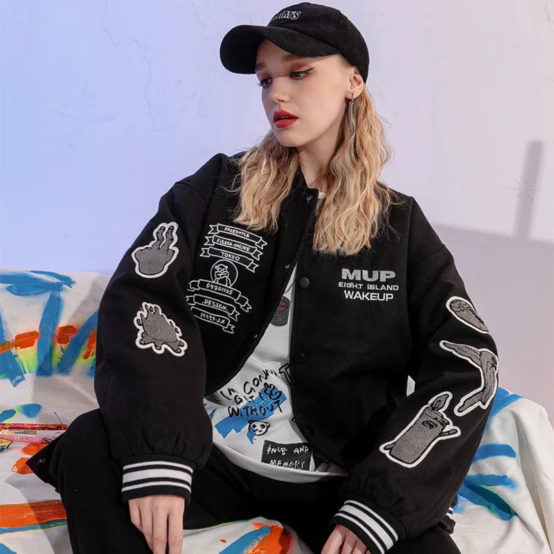 

Y2K Women Long Sleeve Loose Jacket Autumn Ladies Leisure Style Letter Embroidery Baseball Uniform Tops Single-breasted Coat