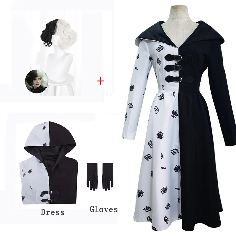 

Костюм для косплея аниме Cruella De Vil, платье для взрослых и детей из фильма, черно-белое платье горничной с перчатками, худи, платье для Хэллоуин...