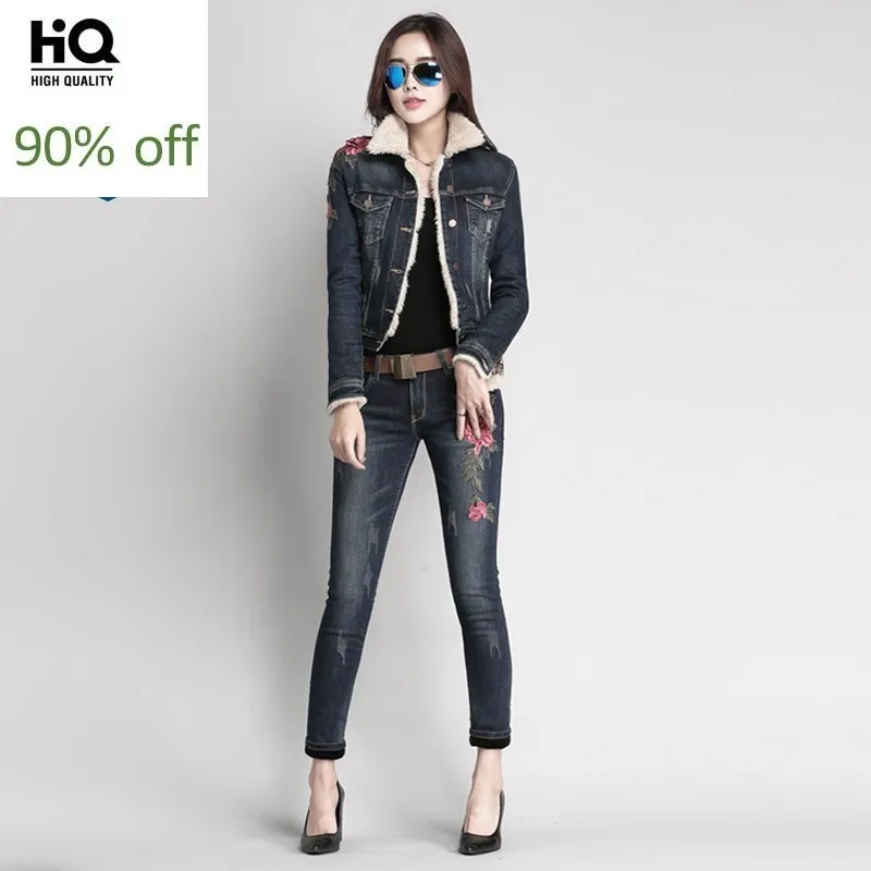 Зимние женские из двух частей меховой воротник вышивка цветочный овечья шерсть