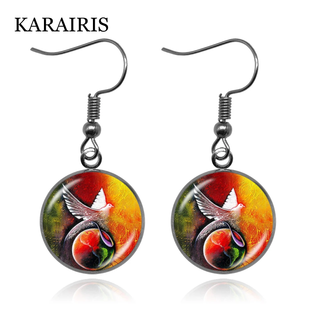 

KARAIRIS Trendy Hippie Peaceful World Earrings Jewelry Glass cabochon Pendant Art Dove of Peace Earrings gift for women