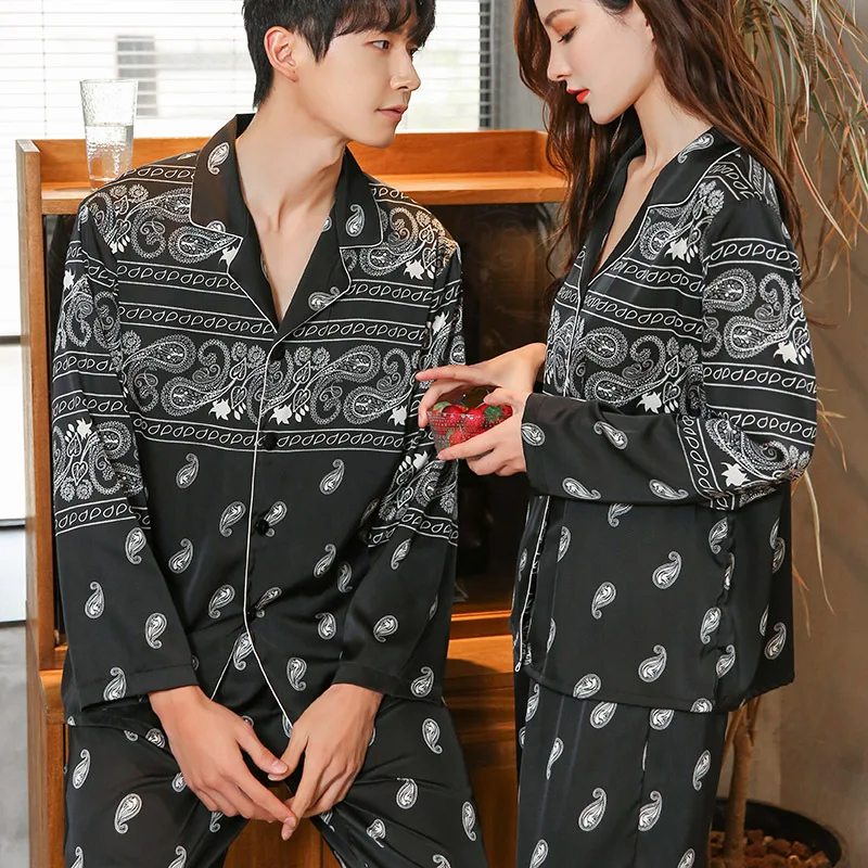 

Print 2PCS Pajamas Suit Spring Satin Lovers Sleepwear Autumn New Nightwear Intimate Lingerie Black Sleep Set Casual Pyjamas