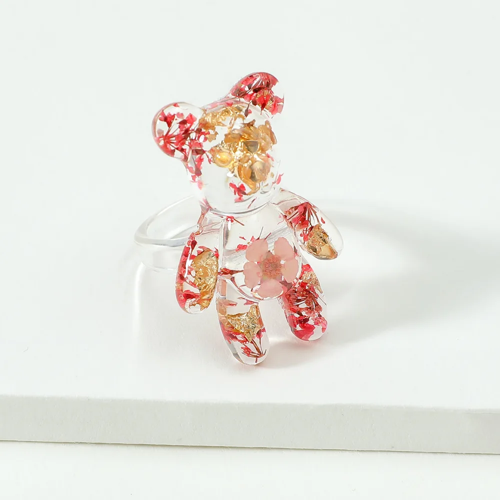 

Luxury Transparent Resin Dried Flowers Gold Foil Finger Big Ring Cute Statement Blue Pink Color Ring For Women Girl Fine Jewelry