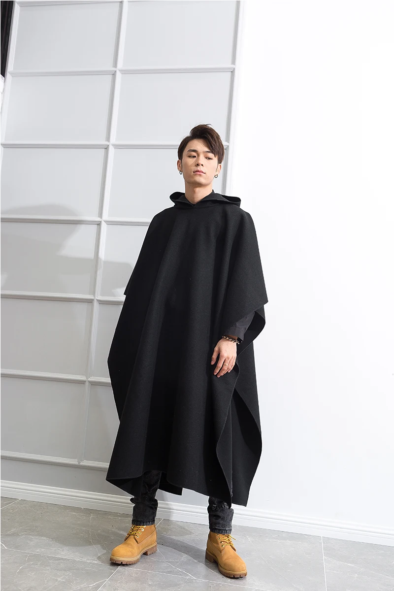 

Cloak Men Vintage Male Hooded Super Knee Coat Trend Winter Korean Black Student Men's Long Overcoats
