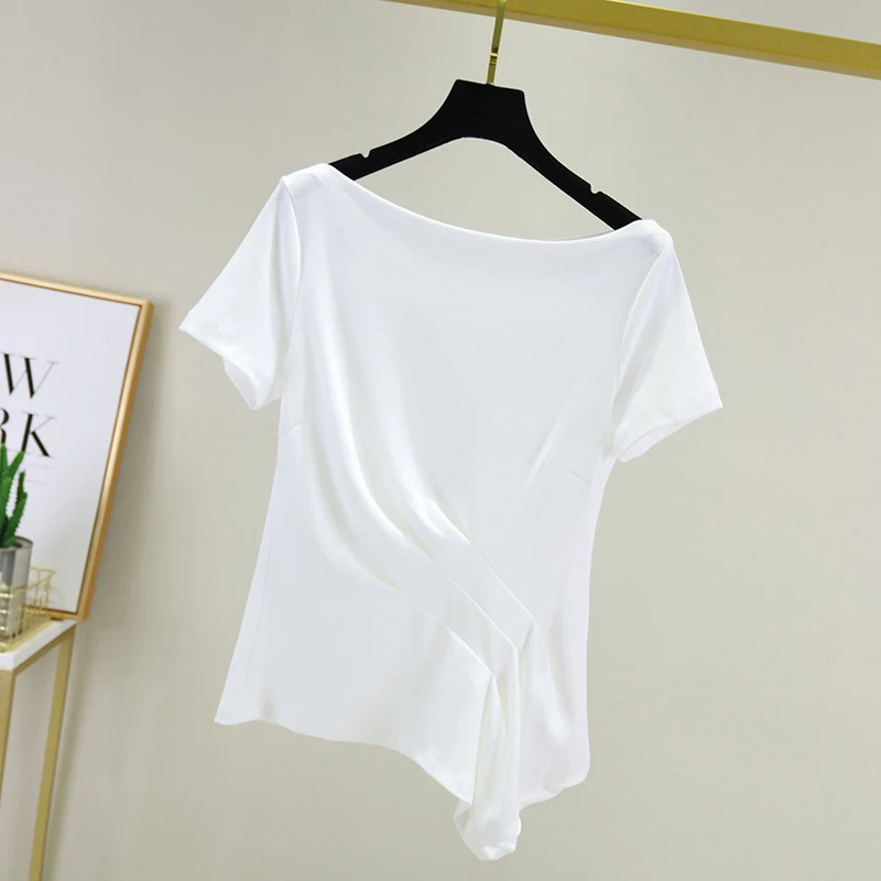 

Pure cotton ladies T-shirt Slim irregular Korean T-shirt White pure cotton ladies T-shirt Fashion short-sleeved solid color T-sh