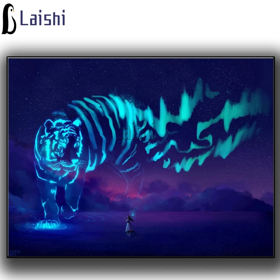 

Diy 5D алмазов картина флуоресцентный Тигр Романтический звёздное небо камни в форме ромба Стразы мозаика вышитая картина крестом