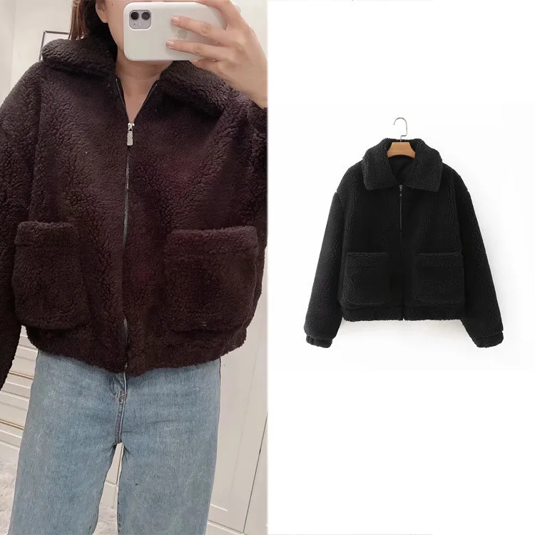 

2021 feminino korean abrigos mujer Short plush coat autumn winter women solid color blouse za người phụ nữ áo khoác