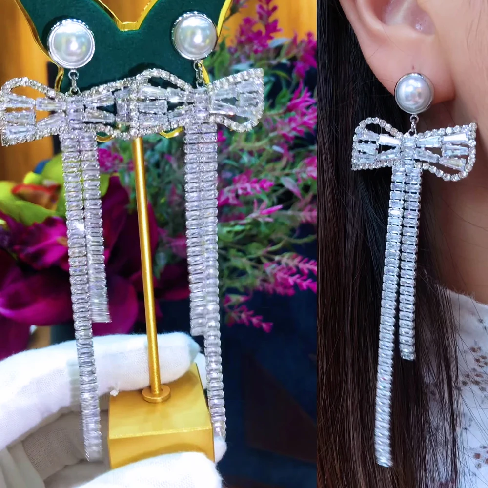 

missvikki 2022 Luxury Trendy Charm Long Bowknot Pendant Earrings Full Mirco Paved Crystal Zircon Dubai Wedding Earrings Jewelry