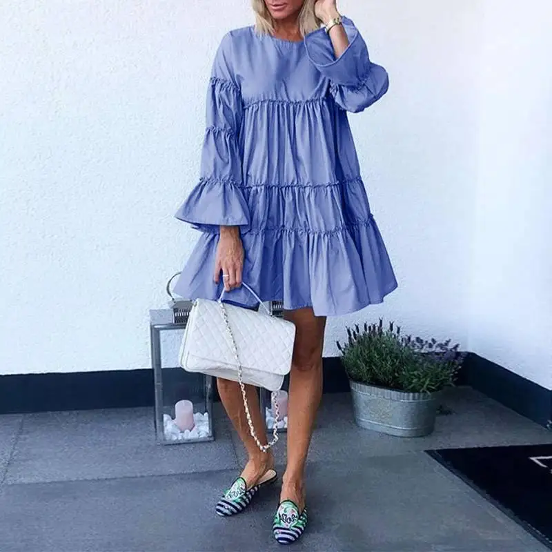 

Casual Fashion O Neck Splicing Ruffled Dress Loose Solid Color Long Sleeves Mid-length Dress Autumn Elegant Office Lady Dresses